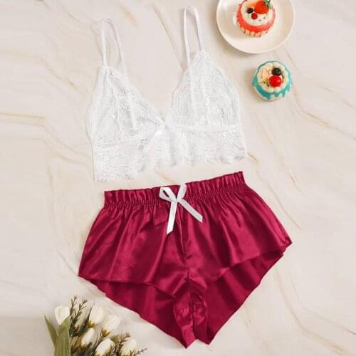 Sexy Lingerie Women Pajamas Pants Set Lace Wireless Bra Summer Sleeveless + Bowknot Shorts Pijama Plus Size Sleepwear for Women