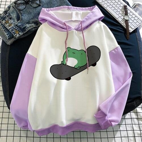 Kawaii Skateboard Frog Oversized Hoodies Women Sweatshirt Winter Harajuku Cartoon Pullover Drawstring Korean Style Unisex Hoody