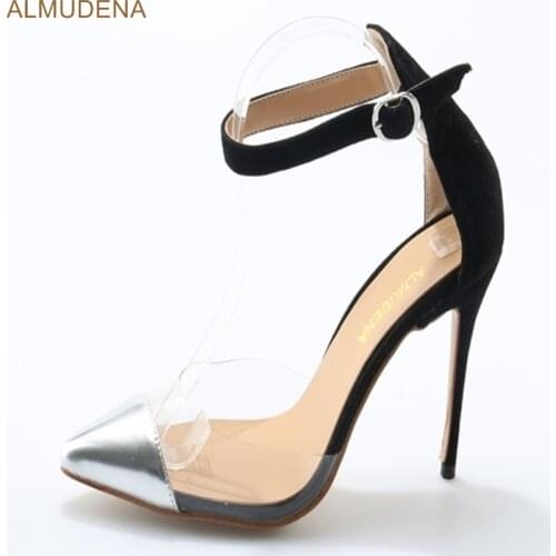 ALMUDENA Elegant Thin High Heel Shoes Silver Pointed Toe Dress Pumps PVC Gladiator Patchwork Shoes Ankle Buckle Strap Heels