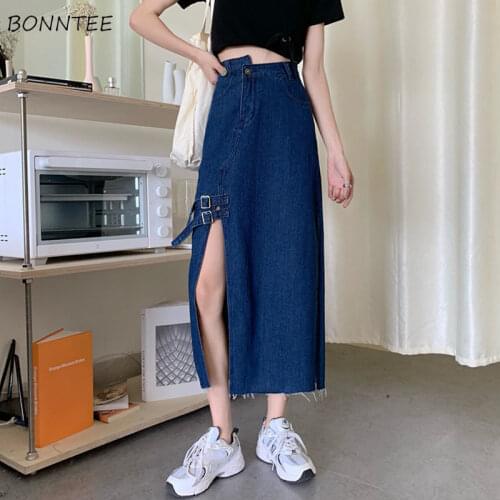 Skirts Women Fashion Causal All-match Button Womens Denim Skirt A-Line Korean Style Solid Simple High Waist Summer Streetwear