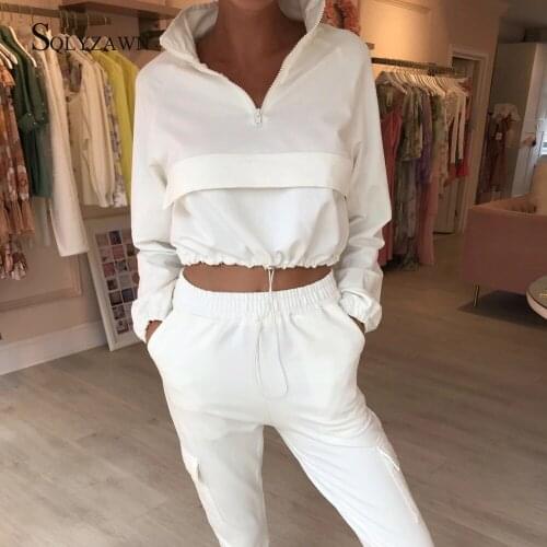 Women Zipper Hooded White Sweatshirts Crop Top Autumn Women Two Piece Set Tracksuit Outfits Woman Solid 2 Piece Track Pants Sets