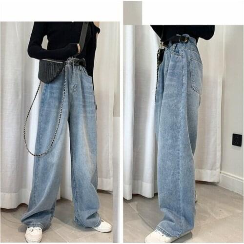 Women Denim Jeans Pants Loose Flare Wide Leg Belt High Waist Faded Trousers