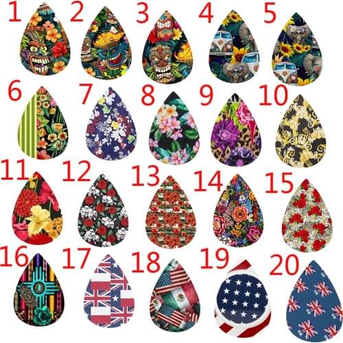 20 Styles Stock 50Pcs/25pairs Faux Leather Teardrop Earrings Rose Flower 4th Of July Flag Earrings New ! Double Imprint