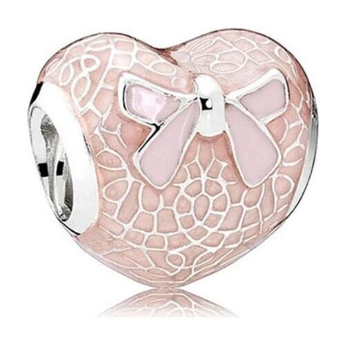 Genuine 925 Sterling Silver Charm Pink Bow & Lace Heart With Pink Enamel Beads Fit Women Pan Bracelet & Necklace Jewelry