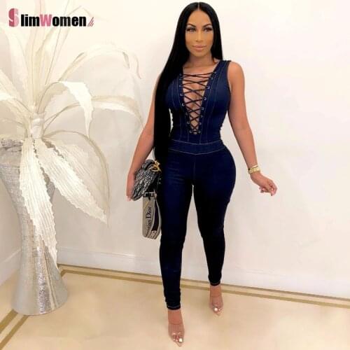 2021 Sleeveless Bandage Denim Rompers Jeans Jumpsuit Sexy Hollow Out Summer Elegant Overalls For Women Pants Jean Feminino Femme