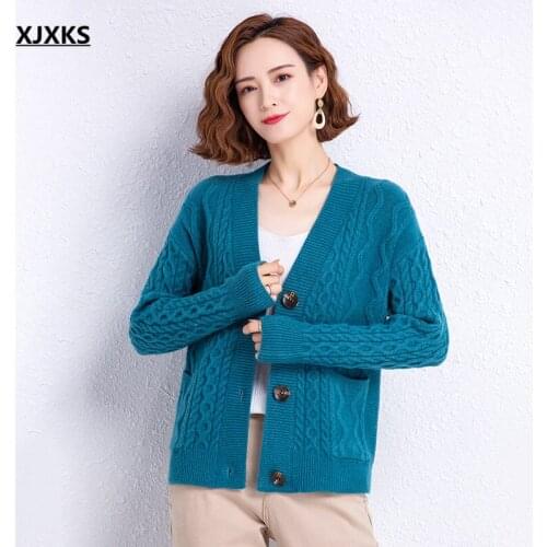 XJXKS 2021 autumn new fashion single-breasted jacket fashion V-neck wool knitted sweater women sweater coat