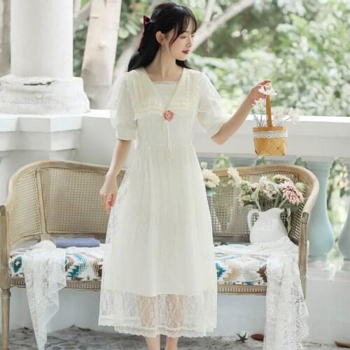 Navy Collar Chic Cute Fairy Lace Dress Elegant French Summer Robe Femme Sweet Puff Sleeve Princess Dress Vestidos