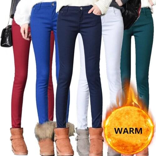 WKOUD 2019 Winter Warm Pants Stretch Skinny Denim Pencil Pants Women Solid Thickening Jeans Pants Plus Size Jean Trousers P9112
