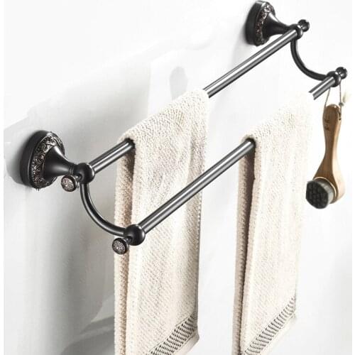 61.5cm Retro bathroom all copper European toilet carved Black Bronze double pole towel rack foot cloth pole