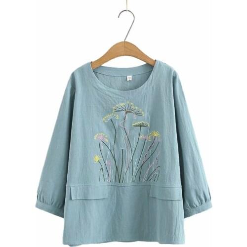 Plus size O neck cotton embroidery women loose blouse 2021 new spring autumn casual ladies solid green pink sky blue shirts tops