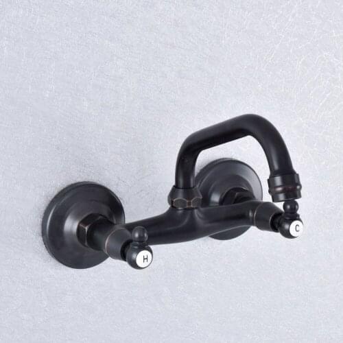 Black Oil Rubbed Bronze Double Handle 2 Hole Wall Mounted Kitchen Bathroom Basin Faucet Sink Mixer Taps Swivel Spout 360' dsf734