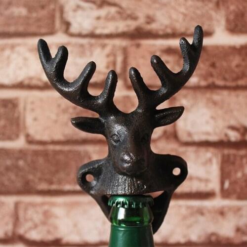 Reindeer Head Cast Iron Beer Bottle Opener Antique Black Animal Figurines Head Wall Mounted Metal Bottle Opener Home Bar Decor