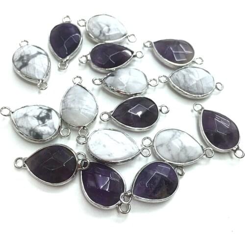 Faceted Water-drop Shape Connector Natural Stone Amethysts Charms Double Hole Pendants For Jewelry Making DIY Necklace Bracelet