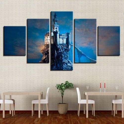 Five Piece Printed Canvas Painting Wall Art Poster Castle On Rocky Island Picture Modular Mural Home Decor Living Room Frameless
