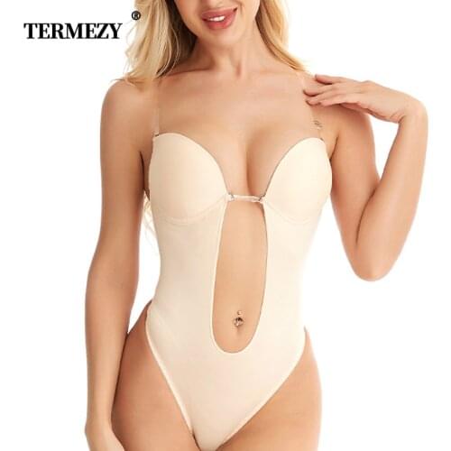 Sexy V-Neck Bodysuit Shapewear Body Shaper Backless U Plunge Thong Shapers Waist Trainer Women Clear Strap Padded Push Up Corset