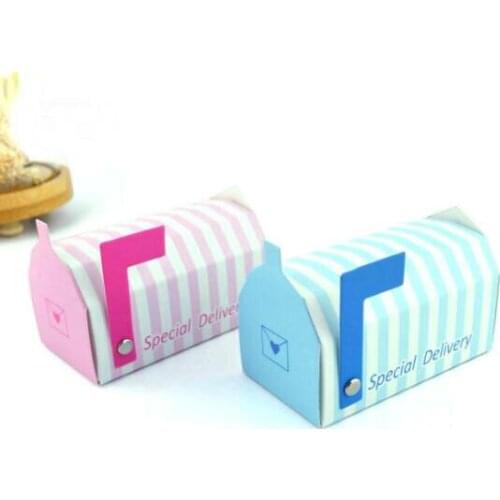 100 X Pink Blue Striped Mini Mailbox Pillar-box Postbox "Special Delivery" Wedding Favors Candy Box Bomboniera Party Gift Box
