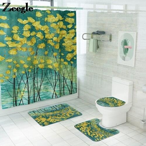 Leaf Print Bathroom Capet Rug Non-Slip Bath Mat Set Flannel Shower Curtain Waterproof Toilet Mat Absorbent Floor Carpet Set