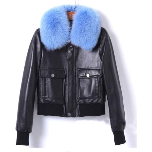 New 2018 winter fox fur collar Coat Women genine leather jackets Chic sheepskin leather pockets jackets overcoat D943