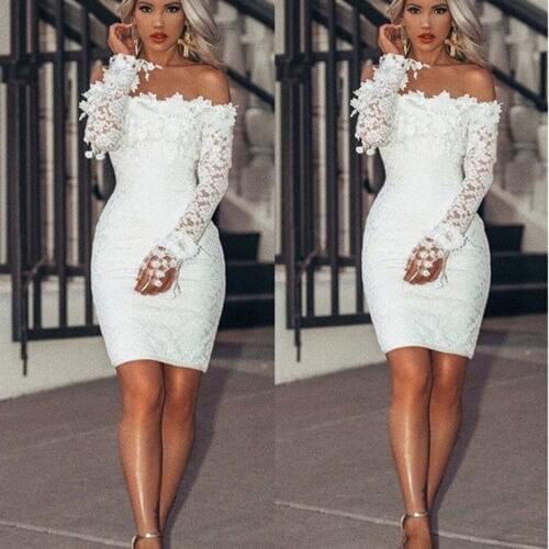2019 New Womens Lace Dress Lone Sleeve Evening Party Summer Beach Short Sundress