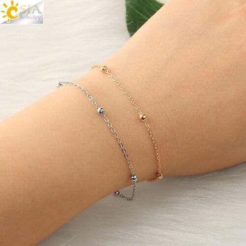 CSJA Silver Color Pair Bracelets for Couples Best Friend Thin Gold Color Chain Link Bracelet Dainty Jewelry Pulseras Mujer G485
