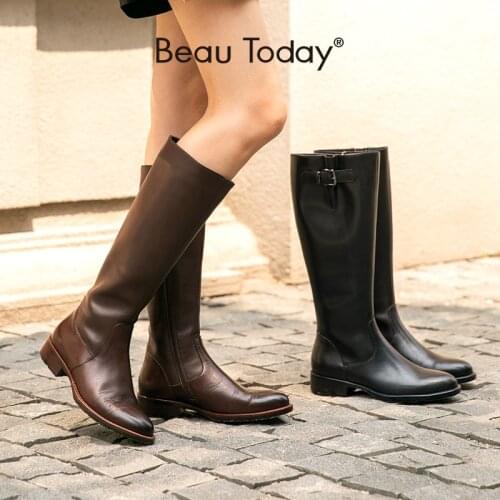 BeauToday Knee High Boots Women Genuine Cow Leather Side Zipper Round Toe Lady Winter Fashion Long Boots Handmade 01214