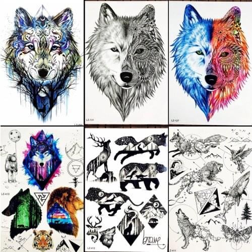 Sexy Black Tribal Wolf Men Chest Tattoo Stickers Women Temporary Tattoo Watercolor Planet Forest Waterproof Geometric Tatoos