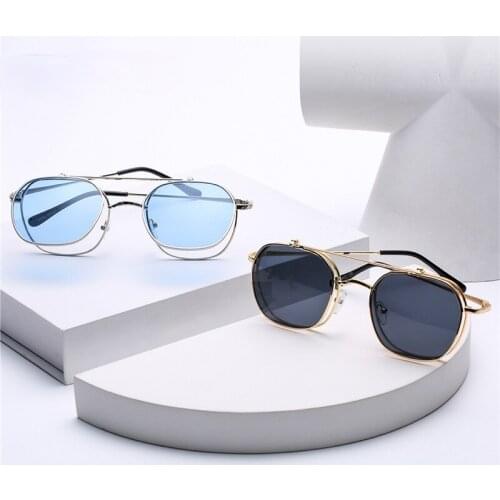 Fashion Flip Lens Sunglasses Women Vintage Metal Punk Eyewear Men Irregular Round Blue Pink Clear Sun Glasses Shades UV400
