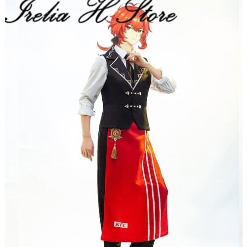 {Stcok}Irelia H Store Genshin Impact KFC Diluc Cosplay Costume Clerk shop assistant Diluc Cosplay Costume vest shirt pants