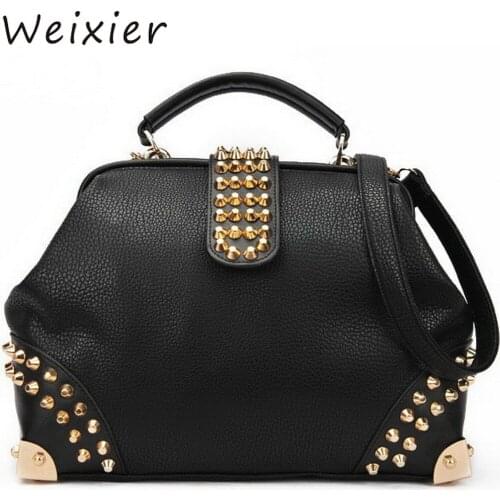 WEIXIER offer fashion rivet PU leather bags brand design women bag luxury female shoulder bag classical doctor bags AL-56