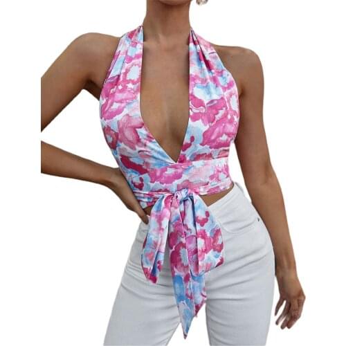 Women Summer Tank Tops, with Floral Pattern HalCrop Topster Neck Low-Cut Sleeveless Backless Tied Straps for Girls, 3 Colors