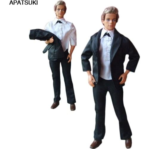 High Quality Formal Business Suit For Ken Boy Dolls Outfits White Shirt Black Long Pants Coat Clothing for Barbie Boyfriend Ken