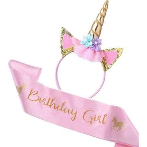 YOMDID Baby Shower Birthday Girl Unicorn Headband with Sash Satin Silk Sash 1 Set Girl 1st One Year Birthday Party Unicorn Decor