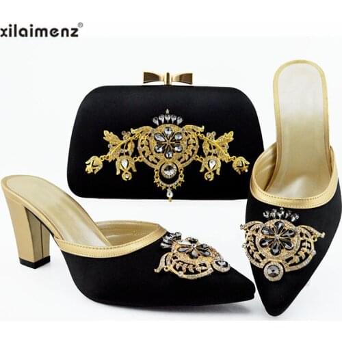 2019 Retro Style Black Color Shoes and Bag Sets Nigerian Women Shoes with Matching Bags Ladies Slipper for Royal Wedding