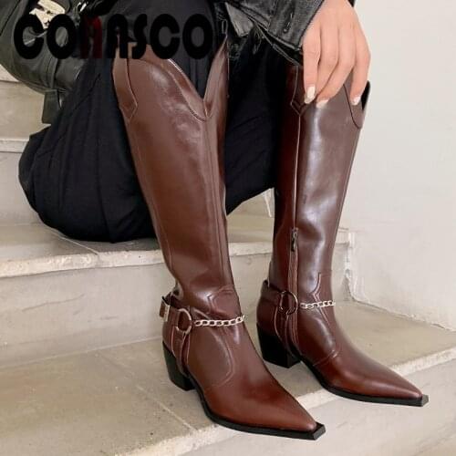 CONASCO Retro Women Knee High Boots Autumn Winter Warm Genuine Leather Causal Prom Office Lady Shoes Concise Elegant Shoes Woman