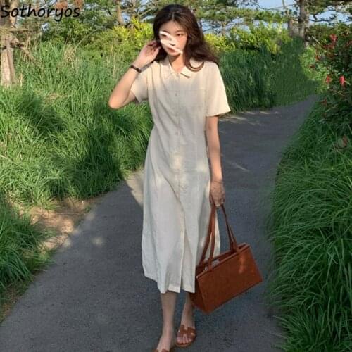 Women Solid Dress Simple Daily Single Breasted Slim Elegant Large Size S-2XL Office Lady Soft Breathable Females Clothing Trendy