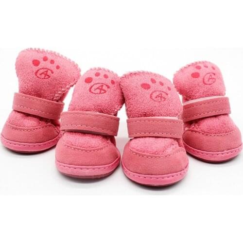 4pcs/set Dogs Snow Boots Pets Pink Puppy Shoes Winter Warm Soft Cashmere Paws Care Anti-skid Sole Walking Running Pets Supplies