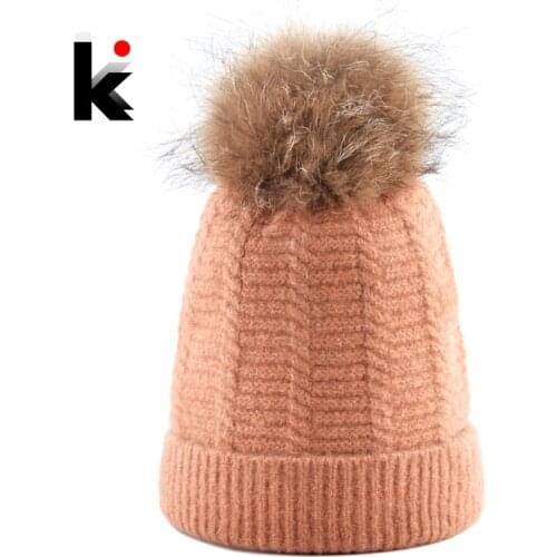 Winter Beanie Hats Women Knitted Wool Hat With Real Fur PomPom Ball Soft Woolen Knitting Gorras Cap Ladies Bonnet Beanies Girl
