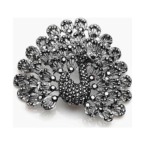 3" Jet Black Rhinestone Crystal Diamante Beautiful Pride Peacock Prom Gift Brooch Accessory