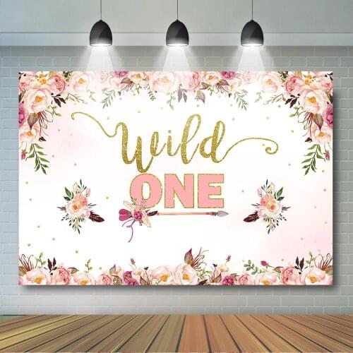 Floral Wild One Backdrop Gold Dots Flower Arrow First Birthday Boho Background Girls 1st Birthday Party Banner Decorations