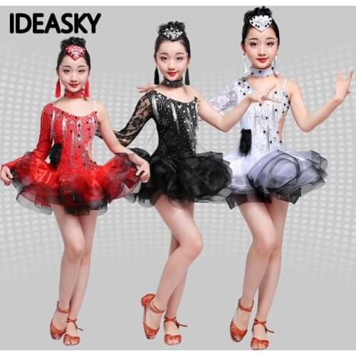 Kids Ballroom Dance Wear Salsa Tango Rumba Samba Costume children professional latin dress Sequin Fringe for girl flamengo skirt