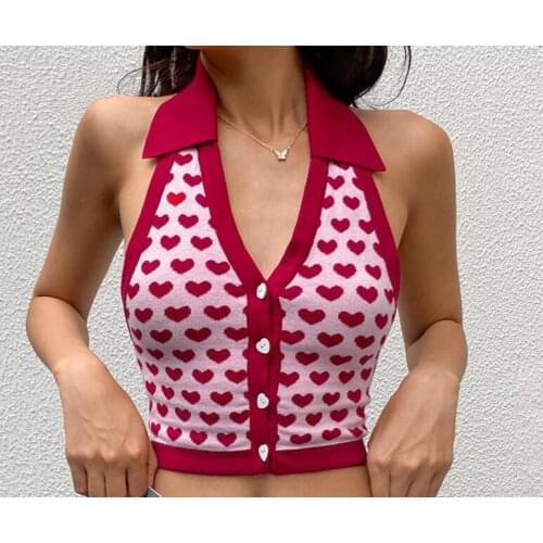 Womens Heart Print Tank Tops, Sexy Button Front Lapel Sleeveless Knitted Crop Tops