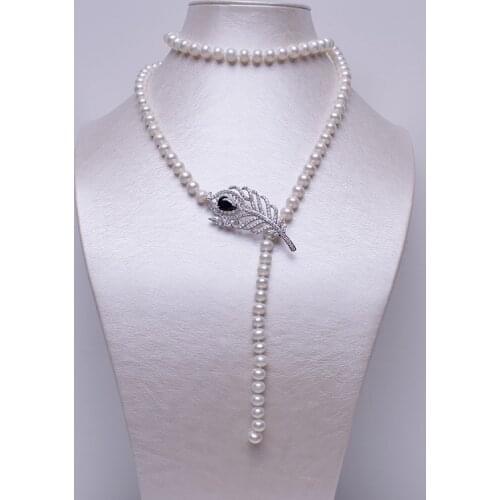 8-9mm Nearround Necklace With Feather Clasp Sweater Chain 90cm Long Necklace Women Pearl Necklace Jewelry Gifts