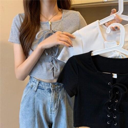 Summer T-shirt Women Knit White Retro Basic Short Sleeve T Shirt Slim Crop Top Tee