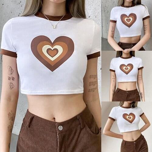 Summer Camis Girls Round Collar T-shir Ladies Fashionable Heart Printing Short Sleeve Midriff-baring Crop Top Base Shirt 2021