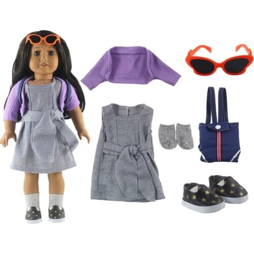 New1 set Leisure handmade dress clothes outfit Princess skirt for 18 inch American Doll+Shoes+Socks+Bag+Glasses L10