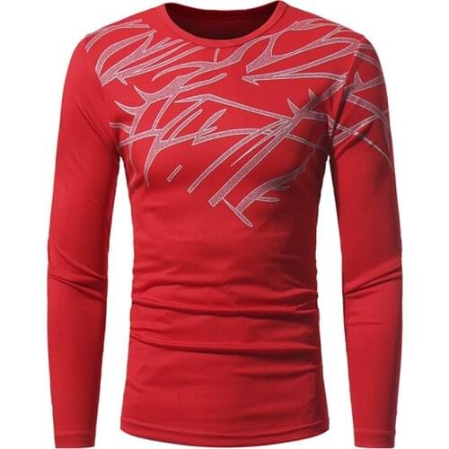 Autumn Mens High Street Long Sleeves T-Shirt Male Round Neck Slim Fit Printed T Shirt Tops Streetwear