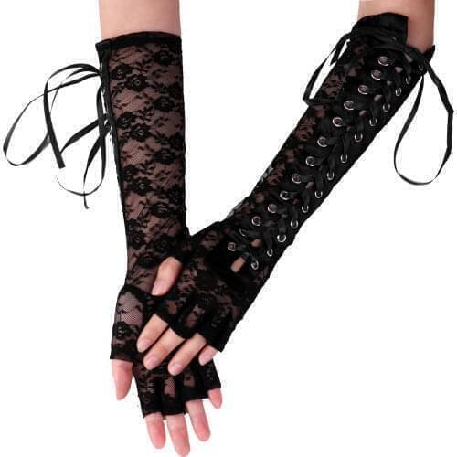 1 Pair Women Lace Gloves See-through Ladies Thin Gloves Ribbon Straps Crisscross Tied Front Gloves for Vintage Party Dress-up