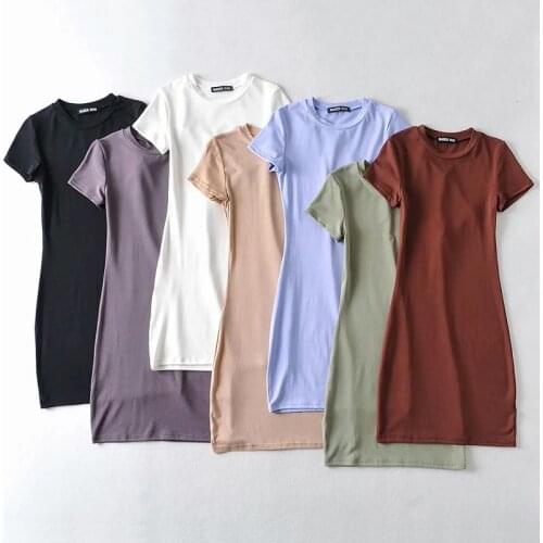 Pure color fashion womens basic O neck slim casual mini Dress for womens bag hip short sleeve dress women clothing trendy