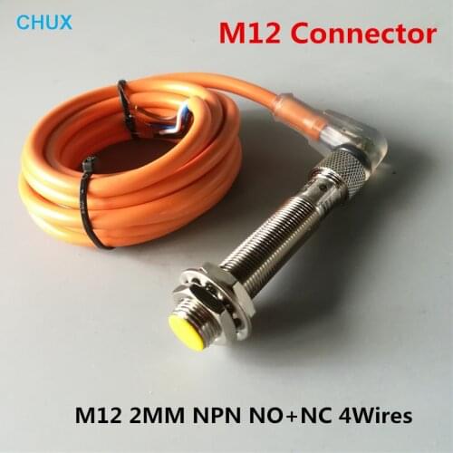 M12 Sensor Connector Bend Type NPN NO+NC 4wires 6-36VDC 2mm Sensing Detect Distance Inductive Proximity Sensors Switch
