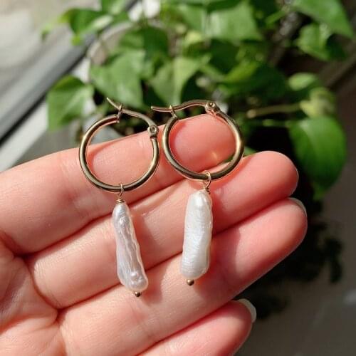 Natural Freshwater Pearl Earring for Women Irregular Biwa Baroque Pearl Tassel Charm Pendulum Stainless Steel Hoop Earring Femme